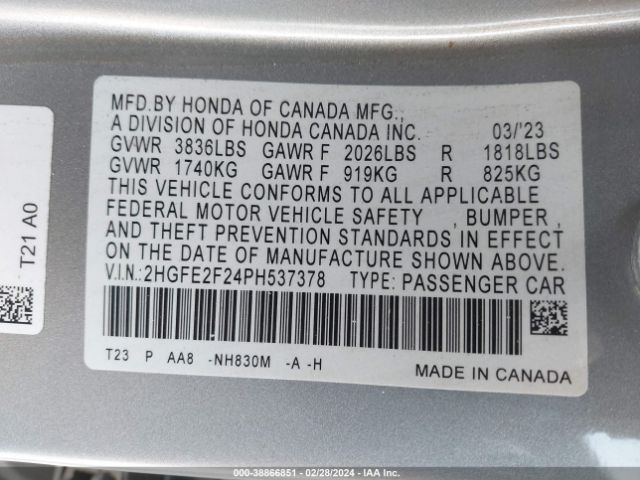 Photo 8 VIN: 2HGFE2F24PH537378 - HONDA CIVIC 