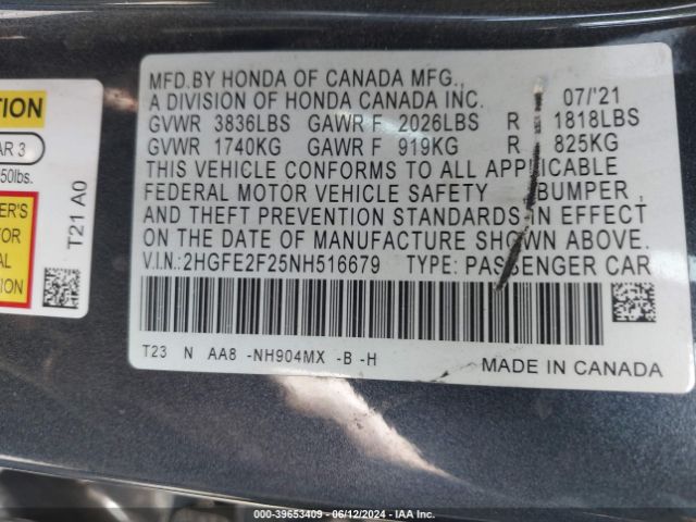 Photo 8 VIN: 2HGFE2F25NH516679 - HONDA CIVIC 