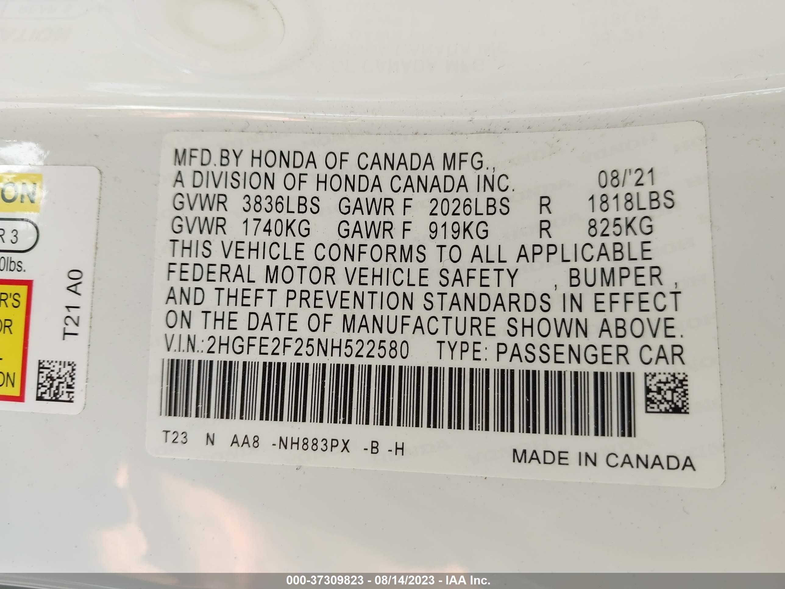 Photo 8 VIN: 2HGFE2F25NH522580 - HONDA CIVIC 