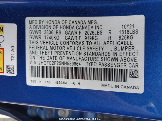 Photo 8 VIN: 2HGFE2F25NH539864 - HONDA CIVIC 