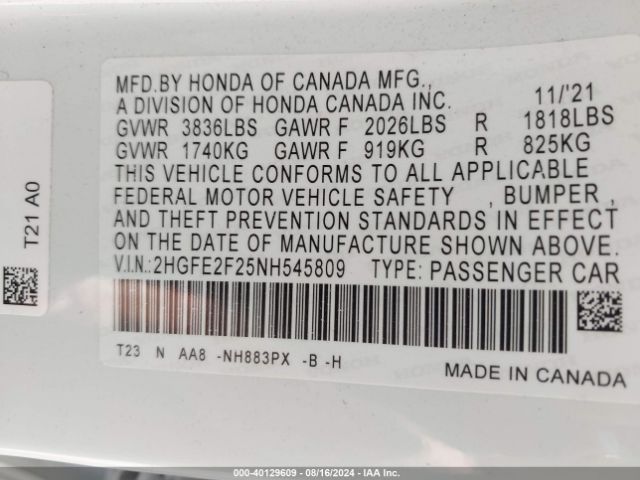 Photo 8 VIN: 2HGFE2F25NH545809 - HONDA CIVIC 