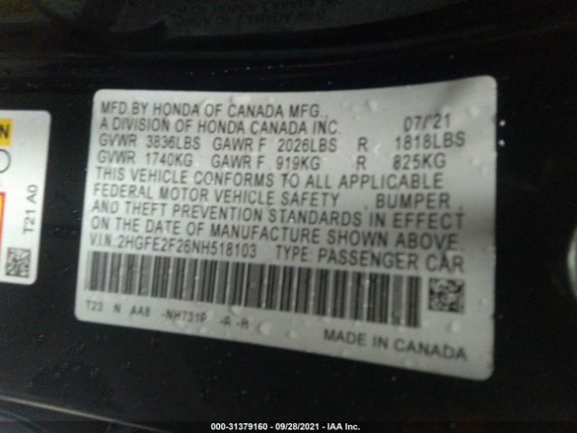 Photo 8 VIN: 2HGFE2F26NH518103 - HONDA CIVIC SEDAN 