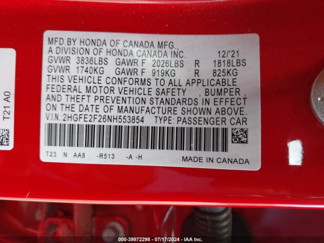 Photo 8 VIN: 2HGFE2F26NH553854 - HONDA CIVIC 