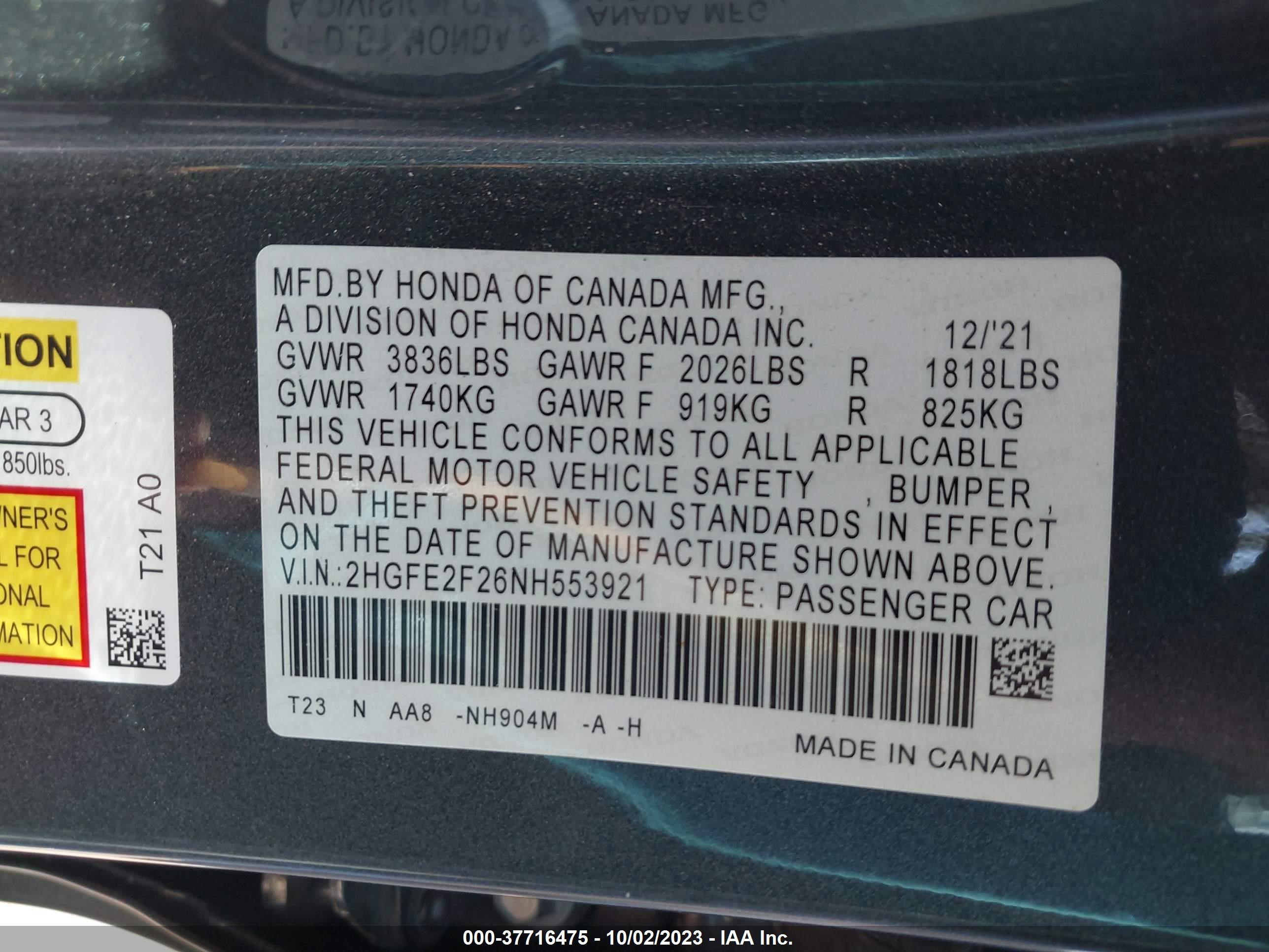 Photo 8 VIN: 2HGFE2F26NH553921 - HONDA CIVIC 