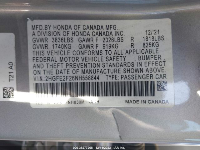 Photo 8 VIN: 2HGFE2F26NH558844 - HONDA CIVIC 