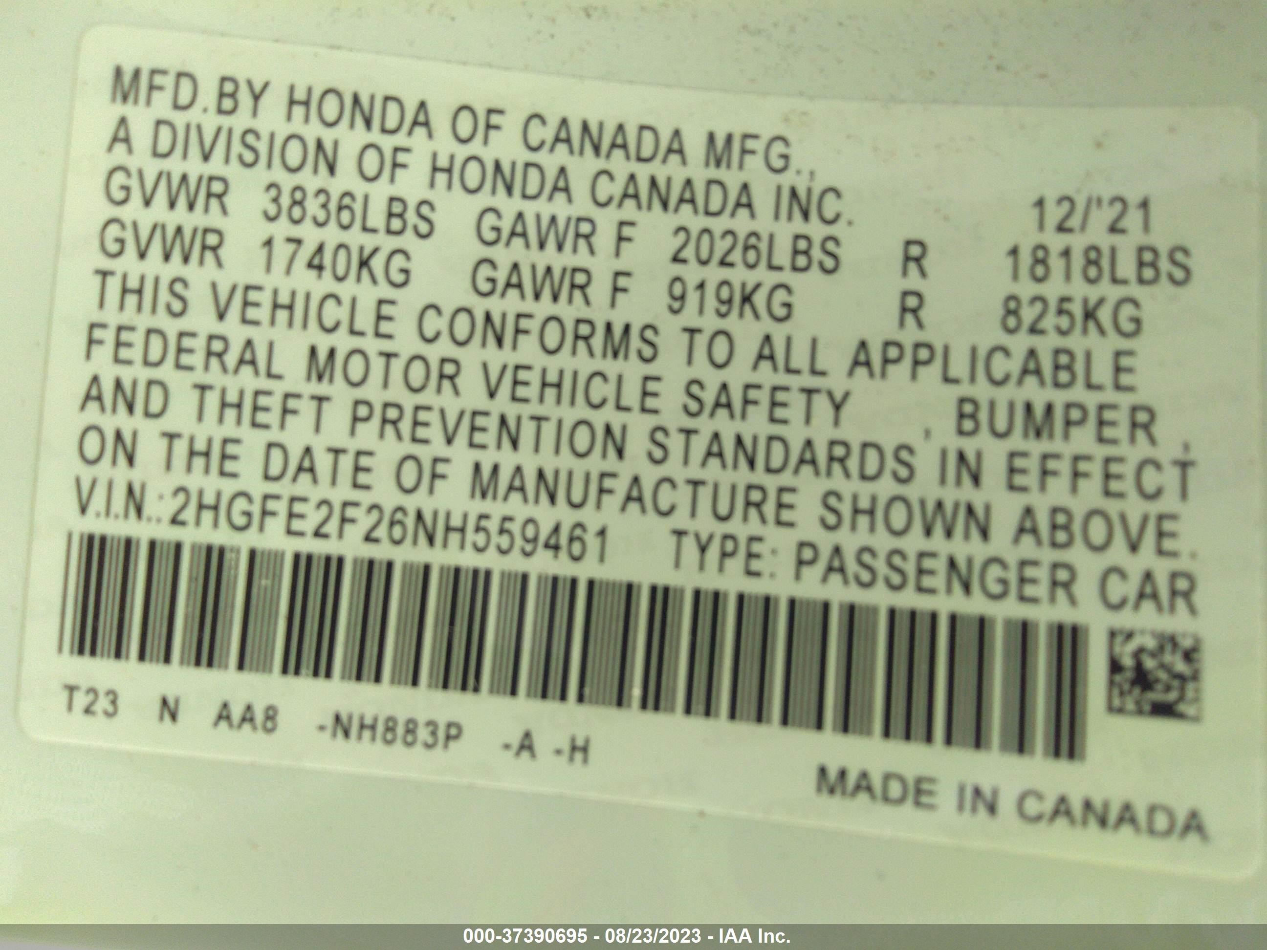 Photo 8 VIN: 2HGFE2F26NH559461 - HONDA CIVIC 