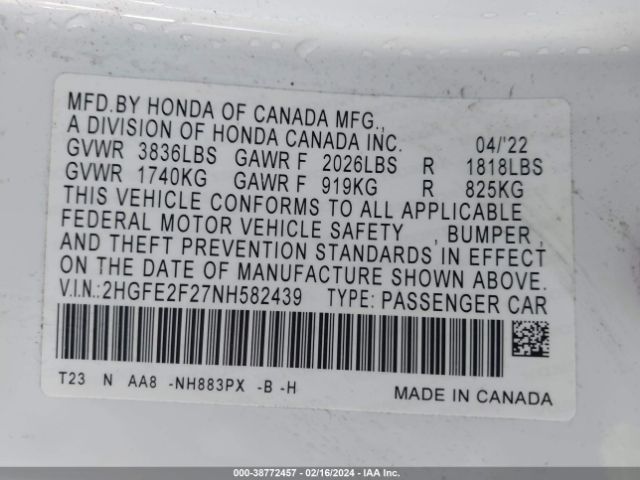 Photo 8 VIN: 2HGFE2F27NH582439 - HONDA CIVIC 