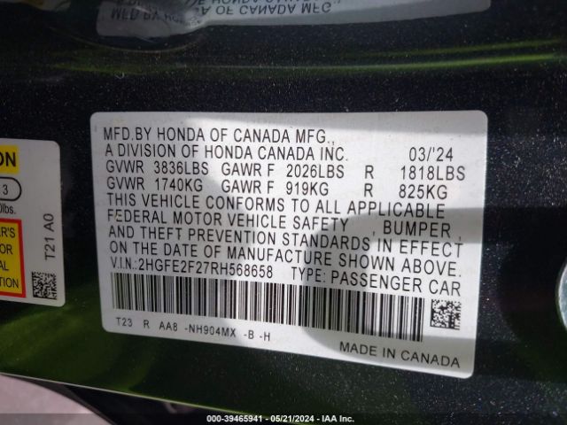 Photo 8 VIN: 2HGFE2F27RH568658 - HONDA CIVIC 