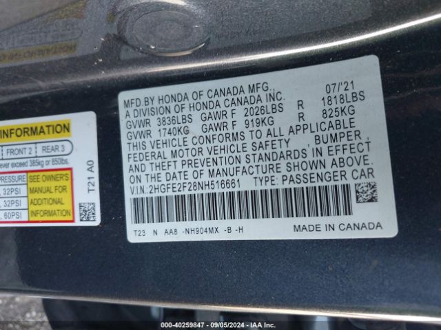 Photo 8 VIN: 2HGFE2F28NH516661 - HONDA CIVIC 