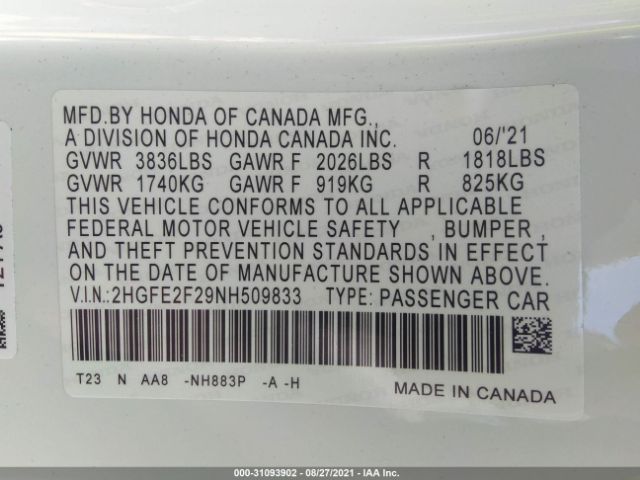 Photo 8 VIN: 2HGFE2F29NH509833 - HONDA CIVIC SEDAN 