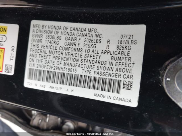 Photo 8 VIN: 2HGFE2F29NH518015 - HONDA CIVIC 