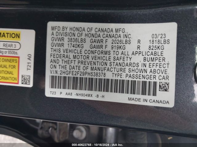 Photo 8 VIN: 2HGFE2F29PH538378 - HONDA CIVIC 