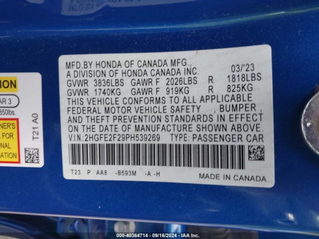 Photo 8 VIN: 2HGFE2F29PH539269 - HONDA CIVIC 