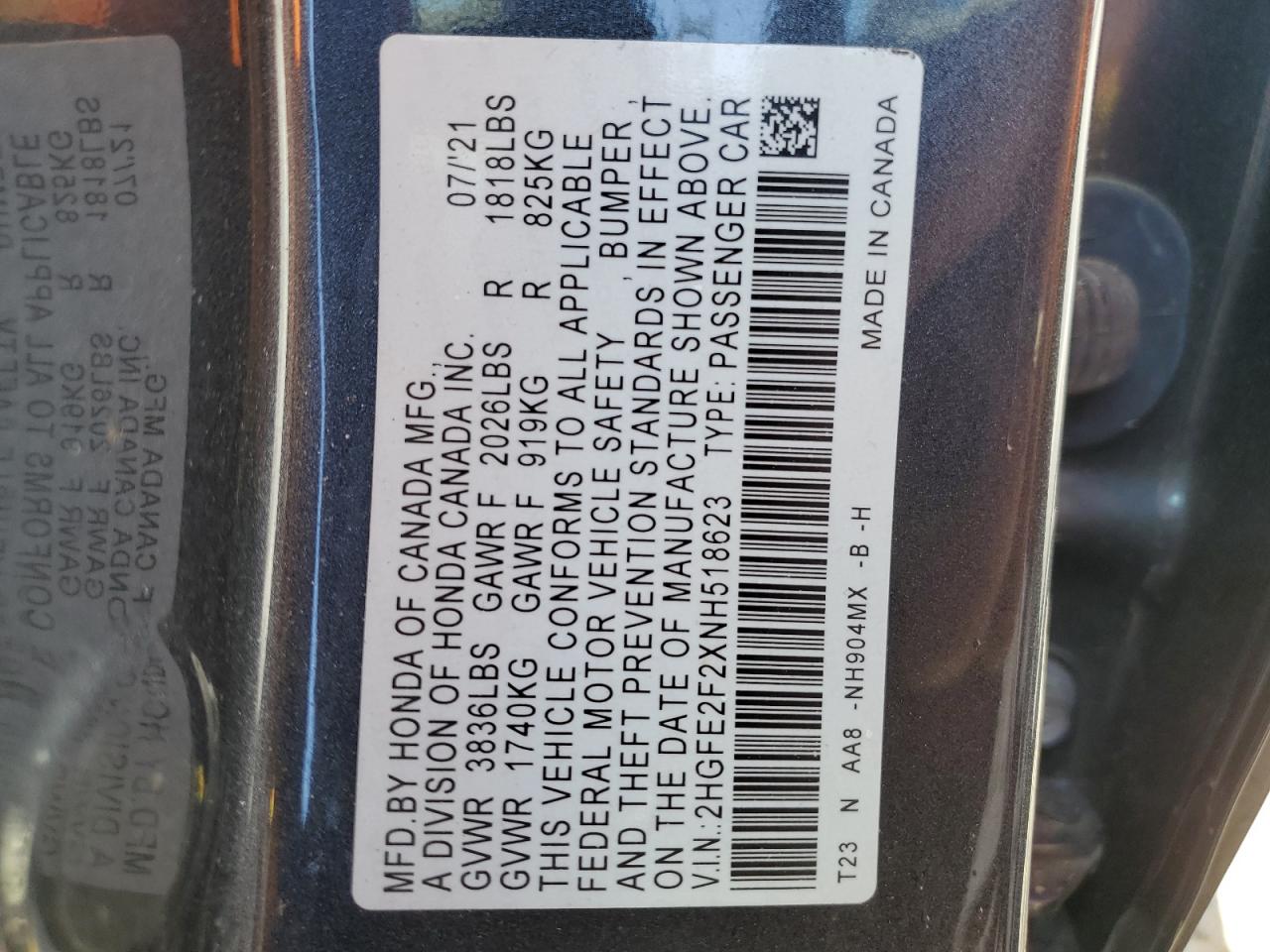 Photo 12 VIN: 2HGFE2F2XNH518623 - HONDA CIVIC 