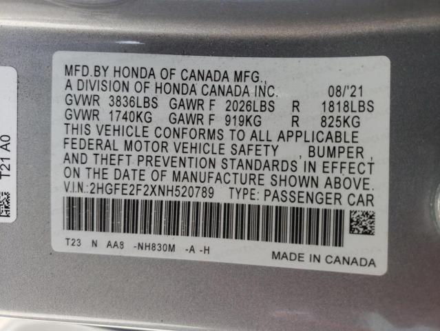 Photo 9 VIN: 2HGFE2F2XNH520789 - HONDA CIVIC LX 