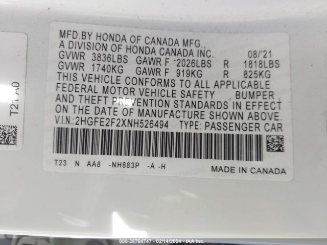 Photo 8 VIN: 2HGFE2F2XNH526494 - HONDA CIVIC 