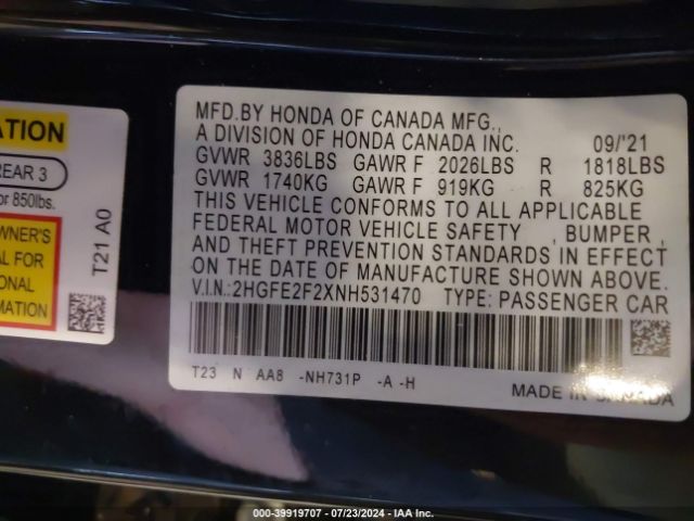 Photo 8 VIN: 2HGFE2F2XNH531470 - HONDA CIVIC 