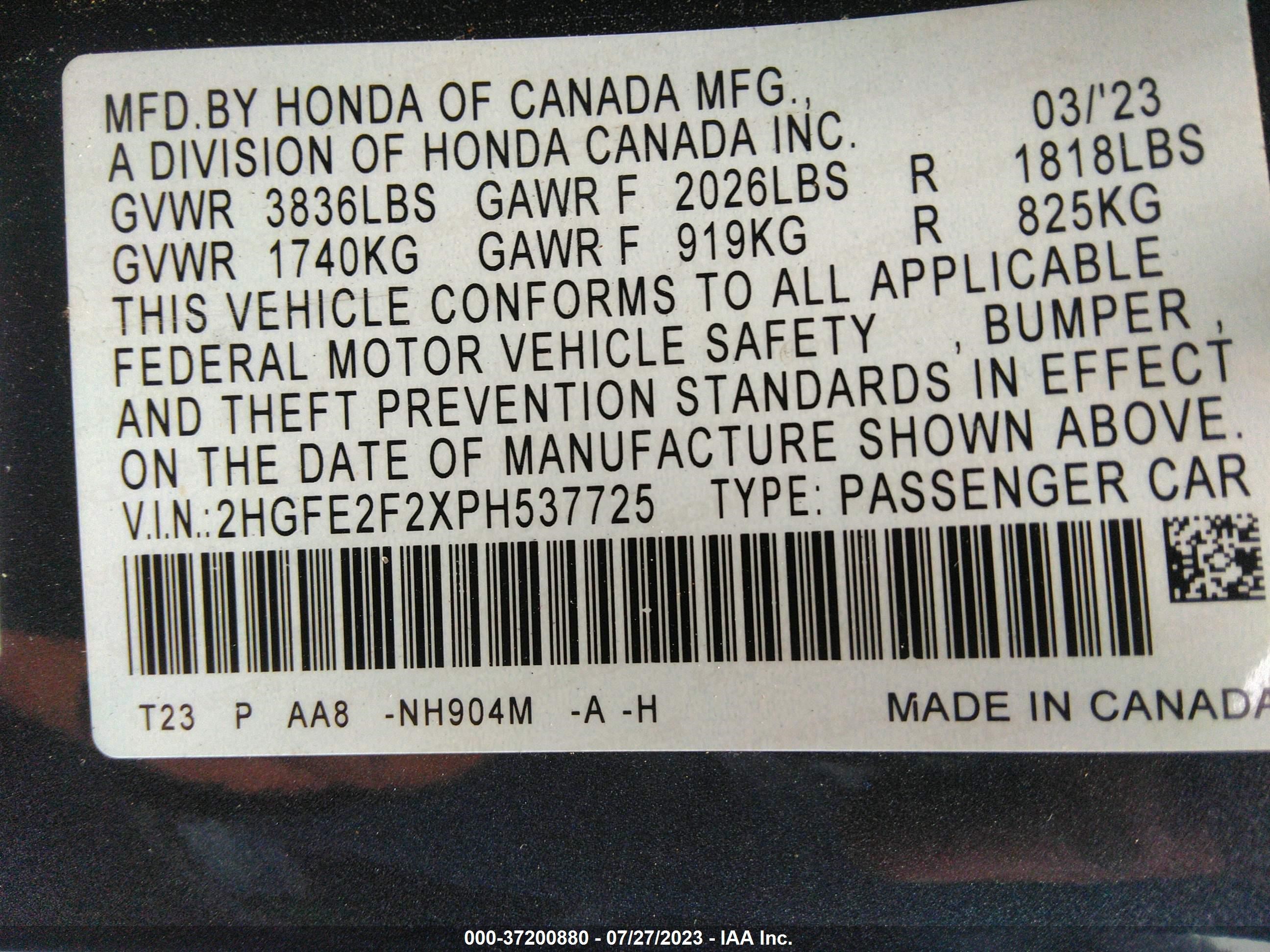 Photo 8 VIN: 2HGFE2F2XPH537725 - HONDA CIVIC 