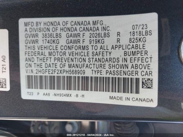 Photo 8 VIN: 2HGFE2F2XPH568909 - HONDA CIVIC 