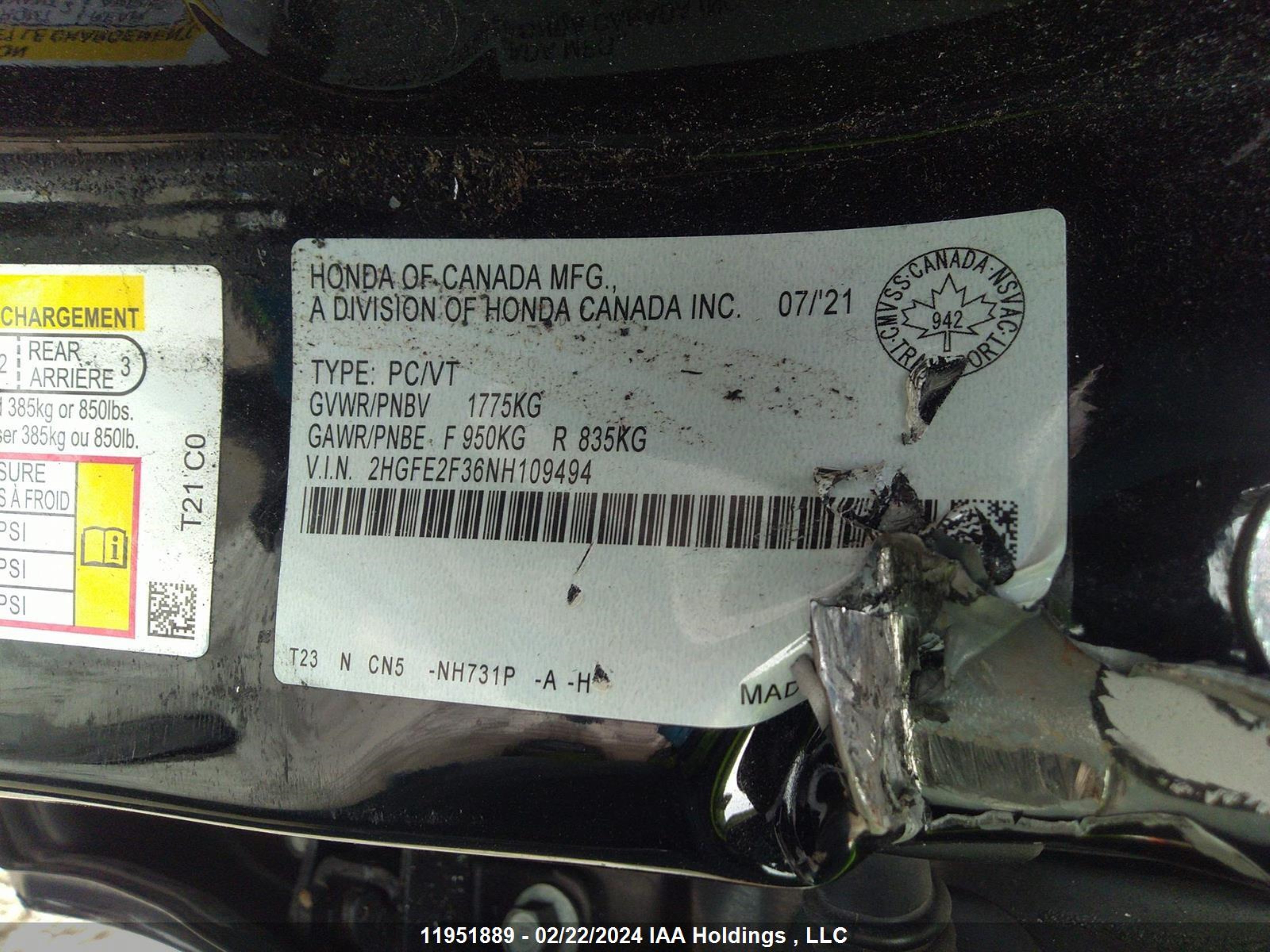 Photo 8 VIN: 2HGFE2F36NH109494 - HONDA CIVIC 