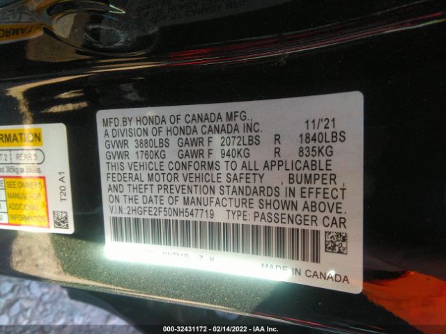 Photo 8 VIN: 2HGFE2F50NH547719 - HONDA CIVIC SEDAN 