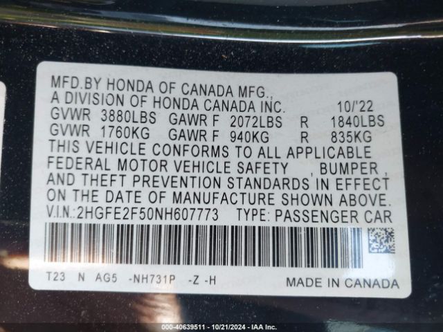 Photo 8 VIN: 2HGFE2F50NH607773 - HONDA CIVIC 