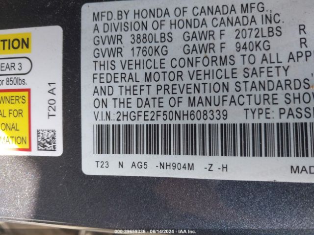 Photo 8 VIN: 2HGFE2F50NH608339 - HONDA CIVIC 