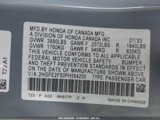 Photo 8 VIN: 2HGFE2F50PH564250 - HONDA CIVIC 