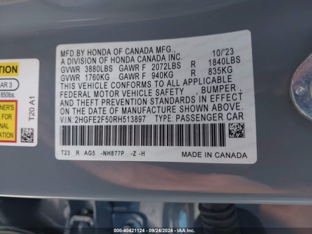 Photo 8 VIN: 2HGFE2F50RH513897 - HONDA CIVIC 