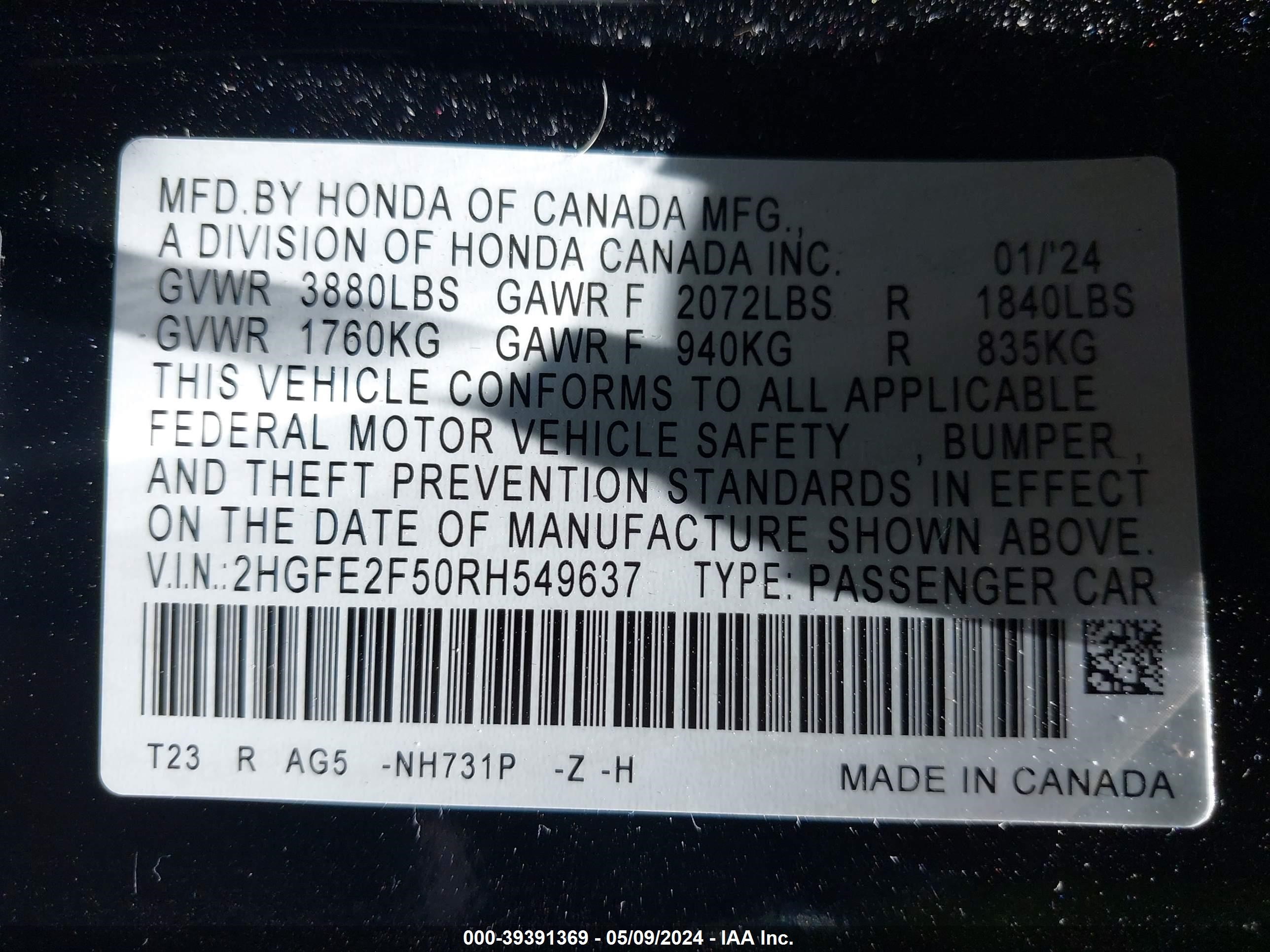 Photo 8 VIN: 2HGFE2F50RH549637 - HONDA CIVIC 