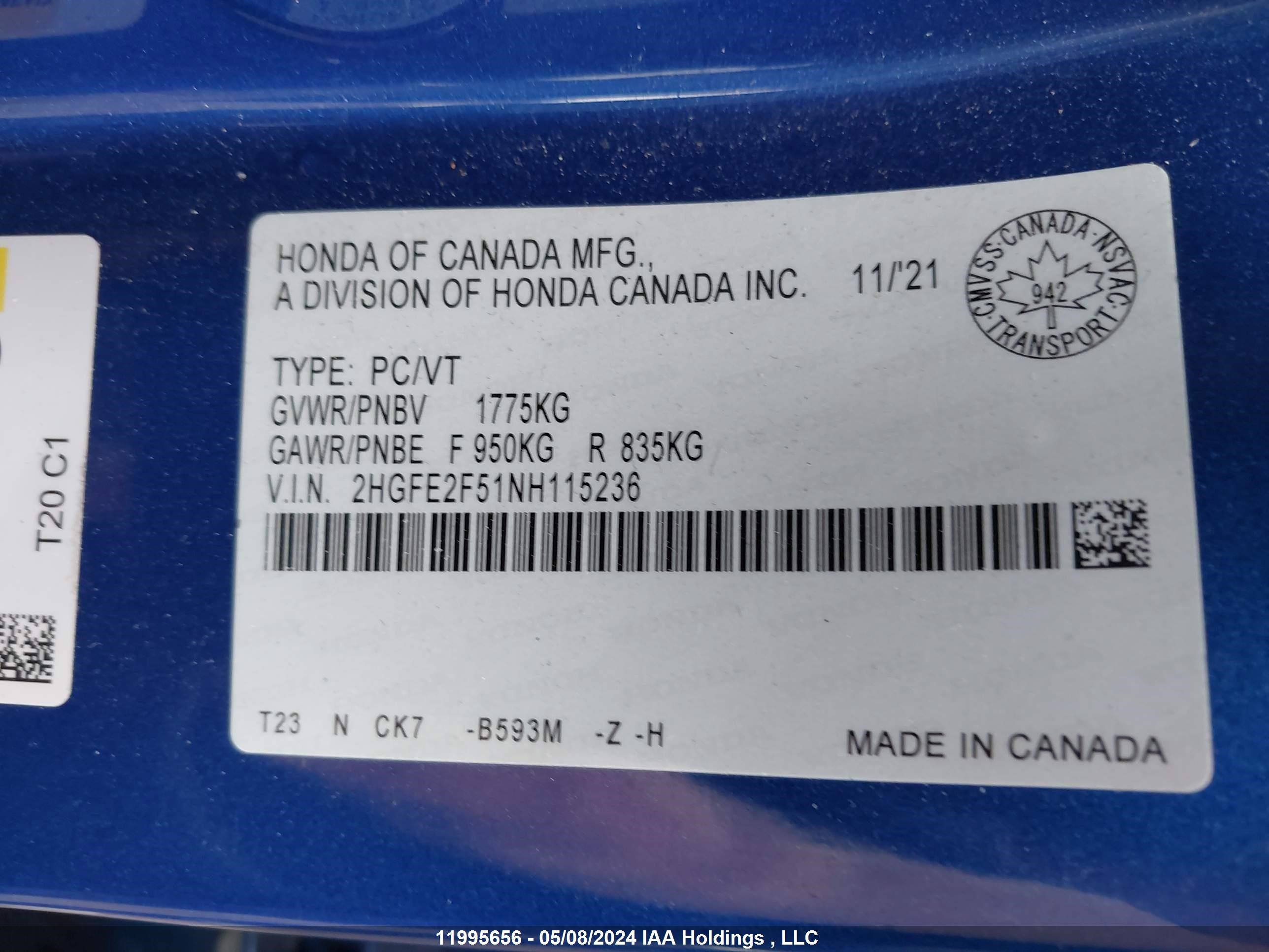 Photo 8 VIN: 2HGFE2F51NH115236 - HONDA CIVIC 