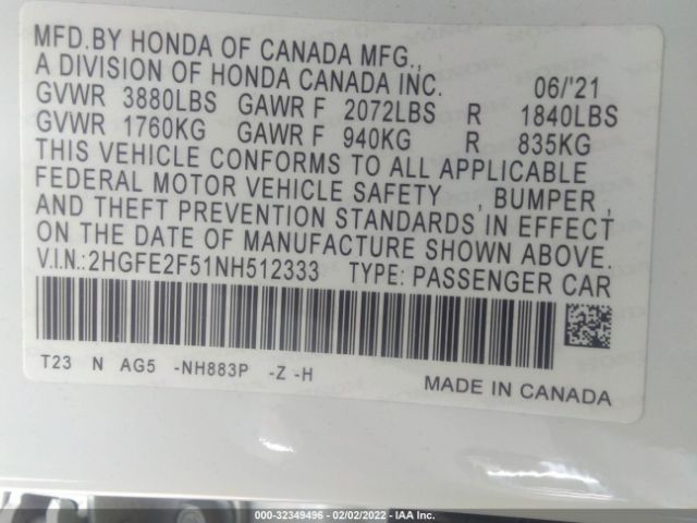 Photo 8 VIN: 2HGFE2F51NH512333 - HONDA CIVIC SEDAN 