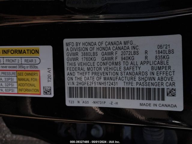 Photo 8 VIN: 2HGFE2F51NH512431 - HONDA CIVIC 