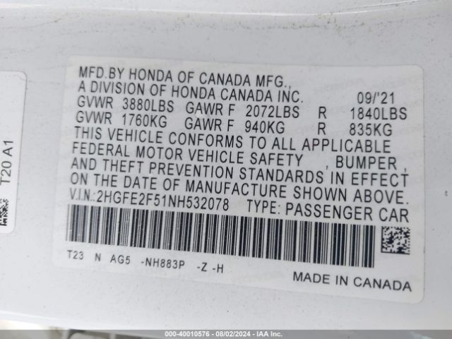 Photo 8 VIN: 2HGFE2F51NH532078 - HONDA CIVIC 