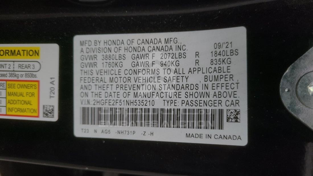 Photo 2 VIN: 2HGFE2F51NH535210 - HONDA CIVIC 