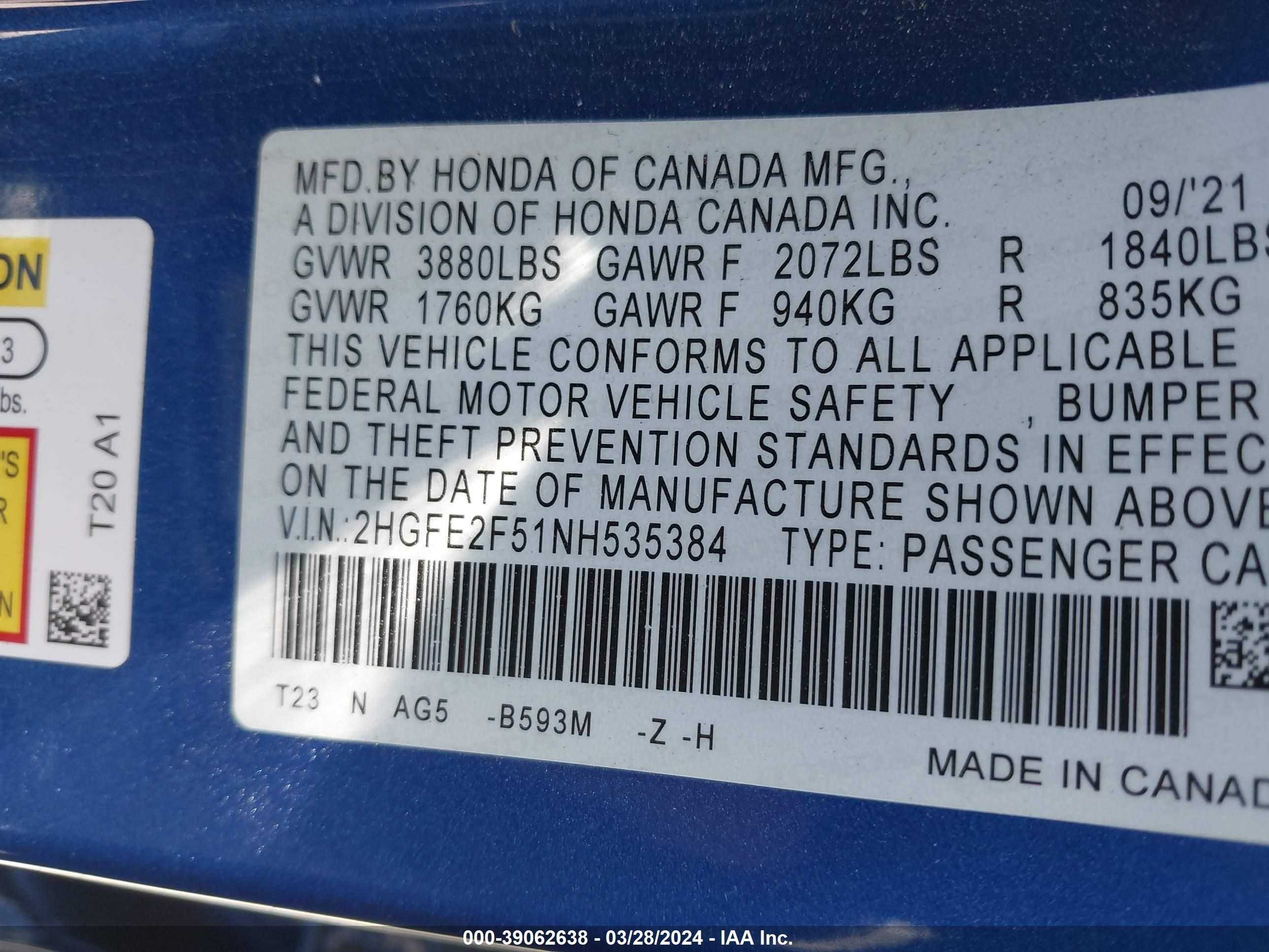 Photo 8 VIN: 2HGFE2F51NH535384 - HONDA CIVIC 