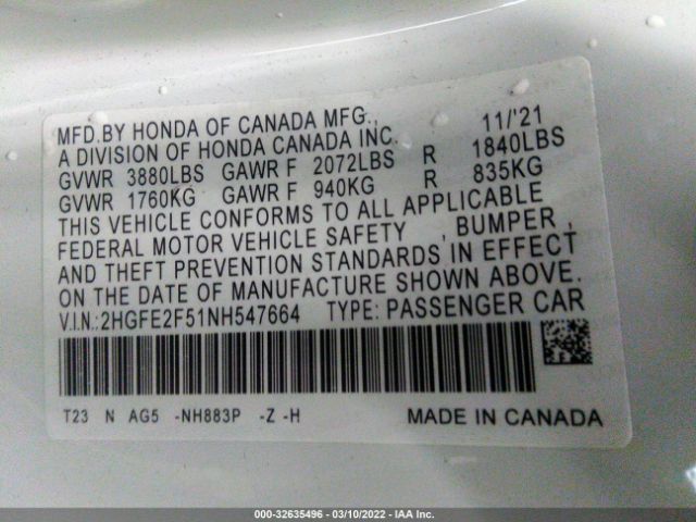 Photo 8 VIN: 2HGFE2F51NH547664 - HONDA CIVIC SEDAN 