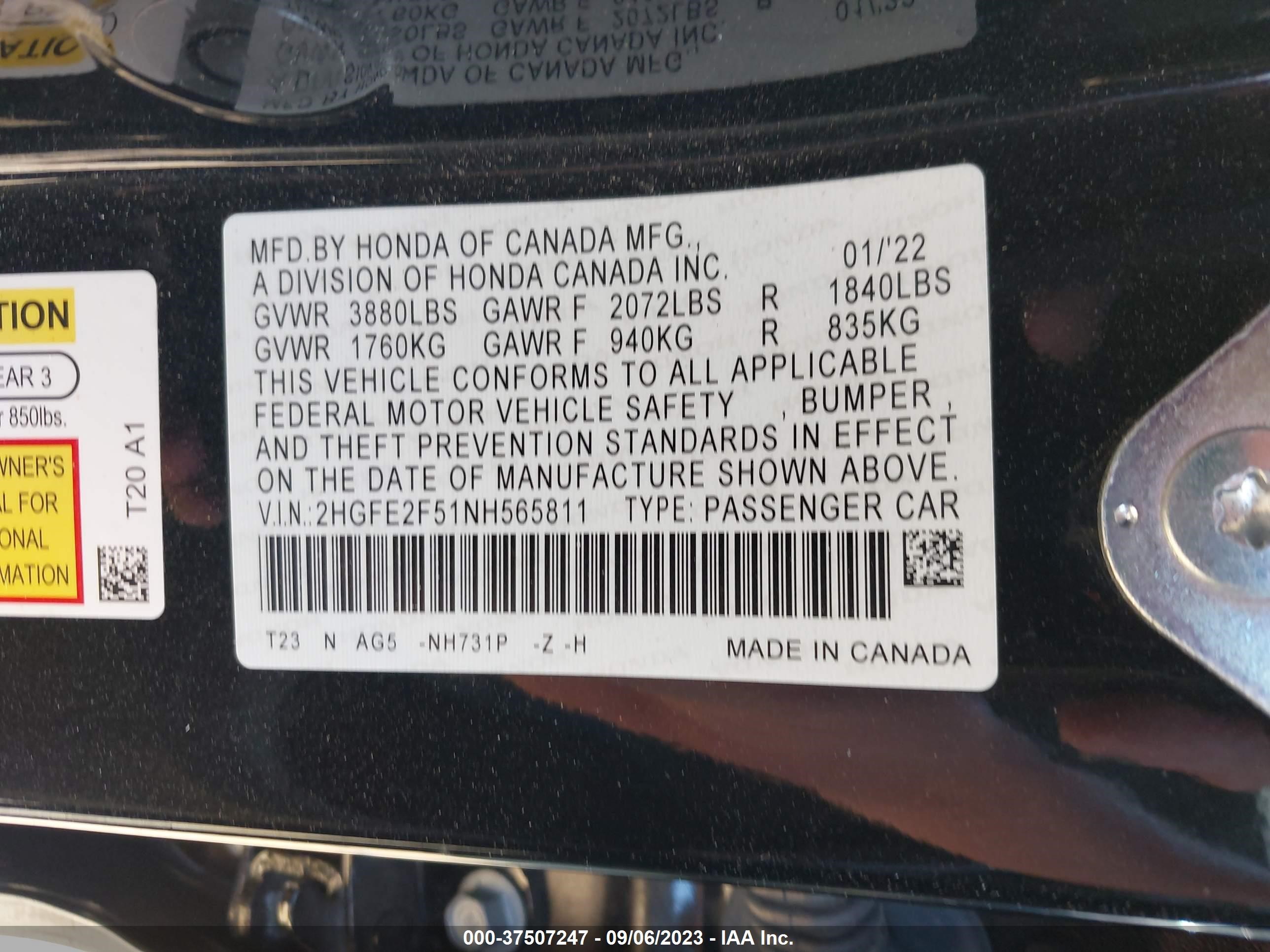 Photo 8 VIN: 2HGFE2F51NH565811 - HONDA CIVIC 