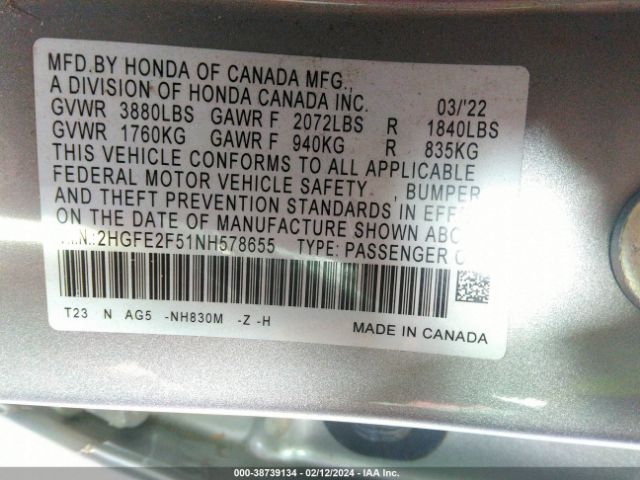 Photo 8 VIN: 2HGFE2F51NH578655 - HONDA CIVIC 