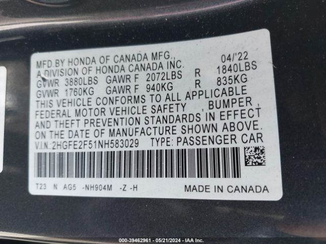 Photo 8 VIN: 2HGFE2F51NH583029 - HONDA CIVIC 