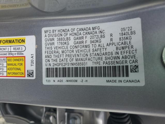 Photo 11 VIN: 2HGFE2F51NH585931 - HONDA CIVIC 