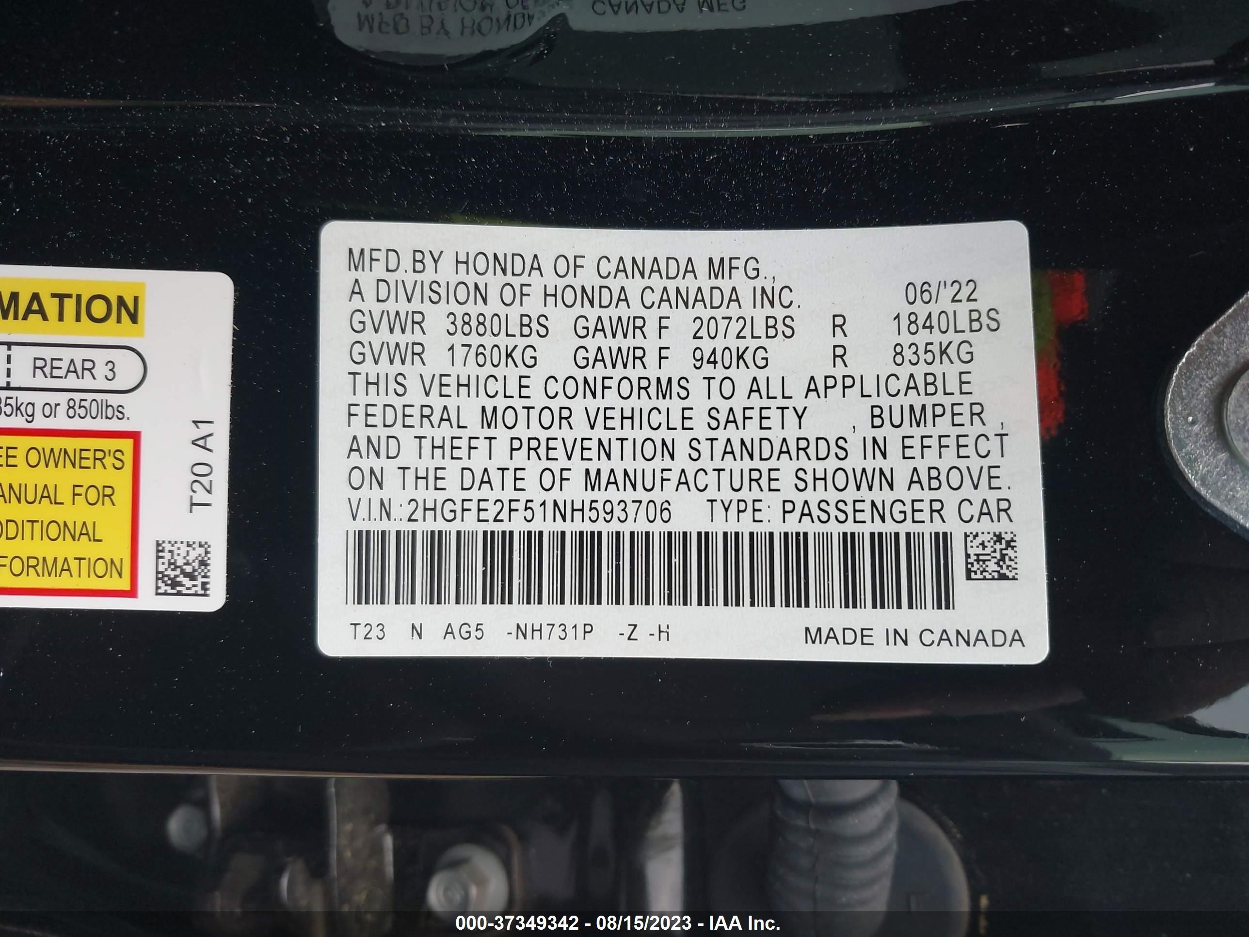 Photo 8 VIN: 2HGFE2F51NH593706 - HONDA CIVIC 