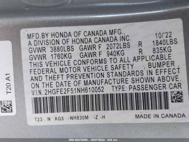 Photo 8 VIN: 2HGFE2F51NH610052 - HONDA CIVIC 