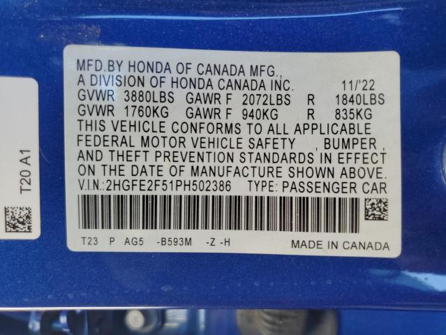 Photo 12 VIN: 2HGFE2F51PH502386 - HONDA CIVIC 