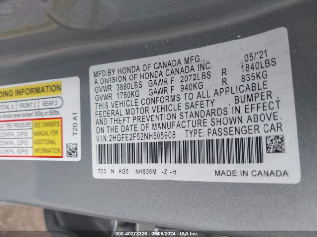 Photo 8 VIN: 2HGFE2F52NH505908 - HONDA CIVIC 