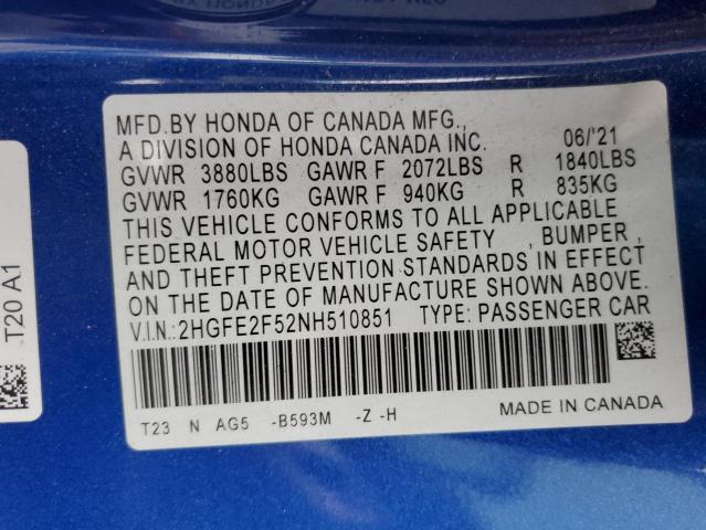 Photo 11 VIN: 2HGFE2F52NH510851 - HONDA CIVIC SPOR 