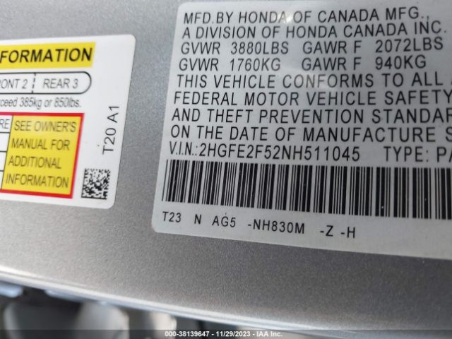 Photo 8 VIN: 2HGFE2F52NH511045 - HONDA CIVIC 