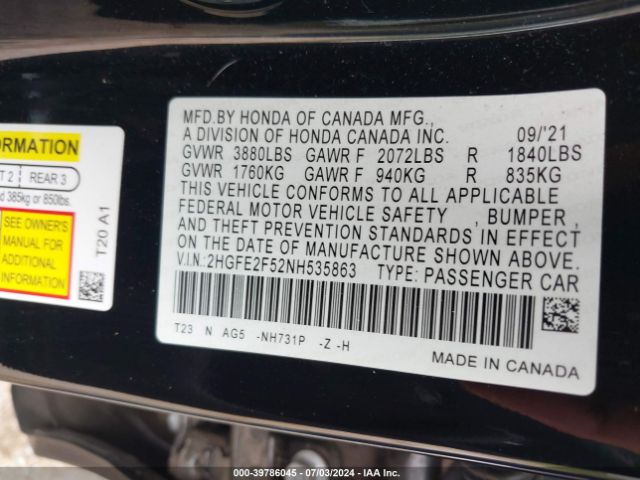 Photo 8 VIN: 2HGFE2F52NH535863 - HONDA CIVIC 