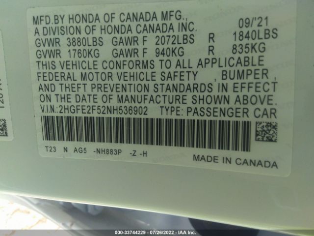 Photo 8 VIN: 2HGFE2F52NH536902 - HONDA CIVIC SEDAN 