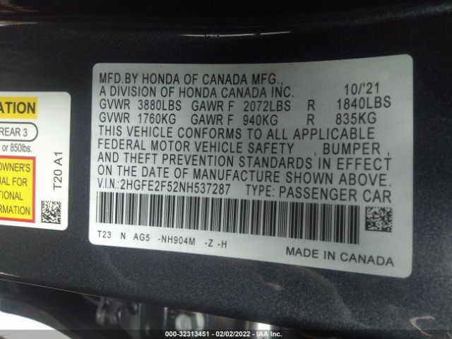 Photo 8 VIN: 2HGFE2F52NH537287 - HONDA CIVIC SEDAN 